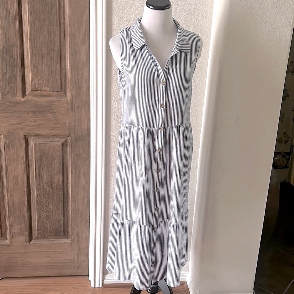 Naif Womens Tiered Midi Dress Striped Coastal Grandma Beach Drop Waist Medium